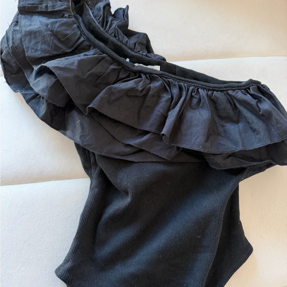 Zara Black Ruffled Ribbed Bodysuit Size Small - Picture 4 of 7